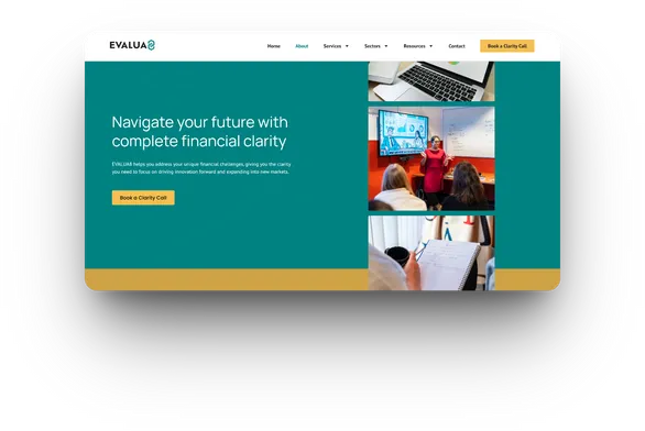 An Evalua8 website page in the new brand colours